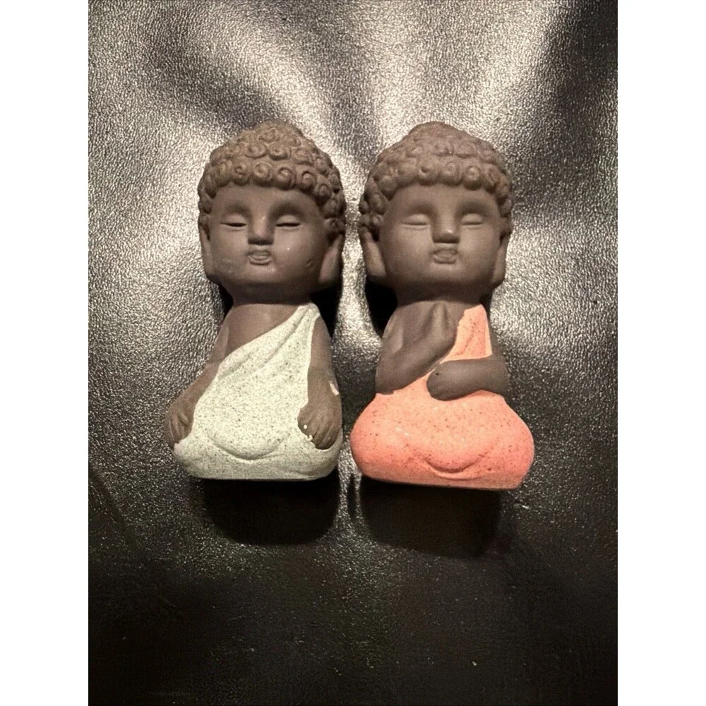 Set of 2 Mini Ceramic Buddha Monk Figurines Zen Meditation Blue Pink 3.5”